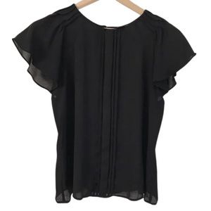 Worthington Black Pleated Front Flutter Short Sleeve Blouse